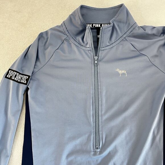 Victoria's Secret PINK Sz Medium Long Sleeve 1/2 Zip Pullover Light Blue/Navy - Picture 2 of 7